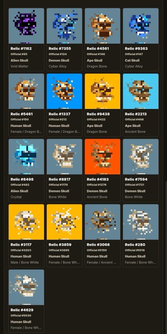 A dark-themed digital catalog displaying pixel-art relics arranged in a grid, with each entry showing a relic ID, official number, and names such as 'Alien Skull', 'Demon Skull', 'Cyber Alloy', 'Dagon Bone', 'Cat Skull', and 'Human Skull' with attributes like 'Void Matter', 'Crystal', 'Bone White', and 'Ancient Bone'.