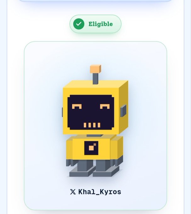 A product-style card shows a blocky yellow robot character with a green checkmark badge labeled “Eligible” and the creator handle “Khal_Kyrios” beneath it.