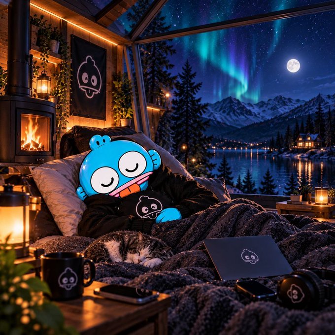 A digital illustration of a cozy bedroom scene where a character in a sleeping mask rests in bed next to a sleeping kitten, with a fireplace, lantern, and laptop nearby; through the window, an aurora borealis and full moon illuminate snow-capped mountains.