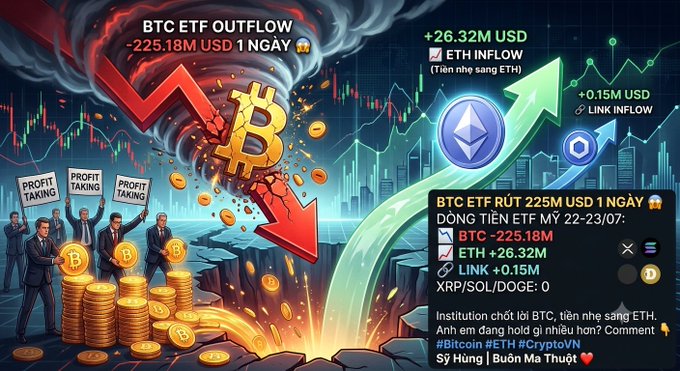 A cryptocurrency infographic displays 'BTC ETF OUTFLOW -225.18M USD 1 NGÀY' with red downward arrows and falling Bitcoin imagery, contrasted against green upward arrows showing '+26.32M USD ETH INFLOW' and '+0.15M USD LINK INFLOW', with Vietnamese text discussing institutional ETH purchases and hashtags #Bitcoin #ETH #CryptoVN.