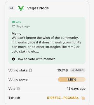 A Vegas Node proposal marked "Yes" with 10.74B voting stake and 1.18% voting power, showing a memo urging exploration of community-driven strategies beyond traditional methods like MM2 or USTC staking, which relates to the post by highlighting a community governance decision in the LUNC ecosystem.