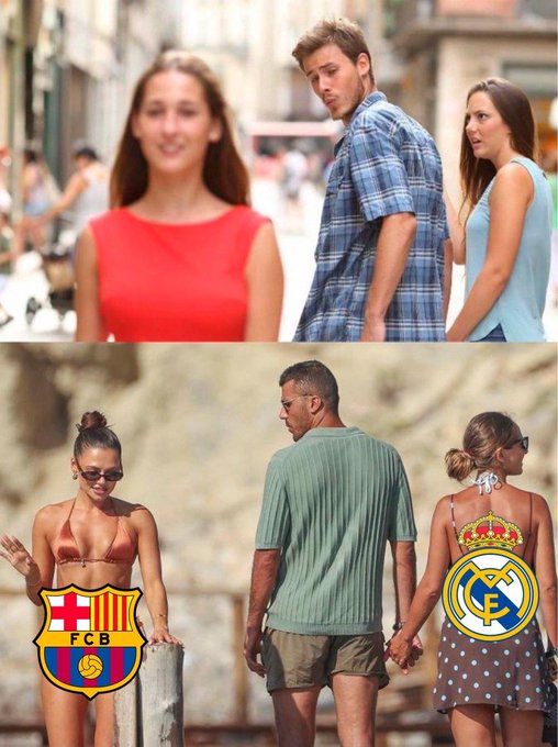 A two-panel meme showing the Distracted Boyfriend scenario, with the bottom panel featuring FC Barcelona and Real Madrid logos superimposed on the women, suggesting the soccer clubs are distracted by each other.