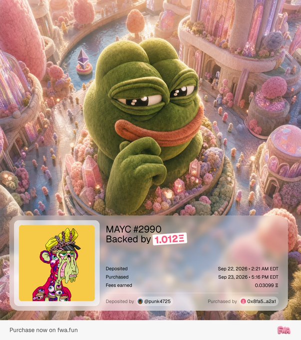 A digital artwork featuring a large green Pepe the Frog character in a pink fantasy setting, with an NFT listing for 'MAYC #2990' showing it was backed by 1,012.