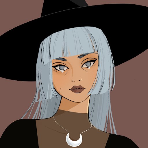 A digital illustration of a young woman with light blue hair wearing a large black witch hat and a crescent moon necklace against a muted reddish-brown background.
