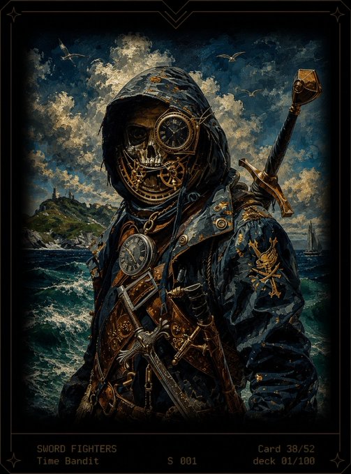A dark fantasy tarot card titled 'SWORD FIGHTERS - Time Bandit,' Card 38/52 from deck 01/100, depicting a skeletal, hooded figure with clockwork gears for a face, a sword, and a pocket watch against a stormy seascape with a distant castle.