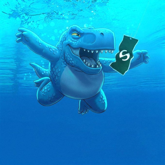 A blue cartoon T-Rex swims underwater holding a green tag with the white letter "S" dangling from a fishing line.