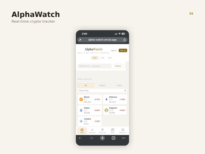 A mobile app design mockup for 'AlphaWatch' described as a 'Real-time crypto tracker' showing cryptocurrency prices for Bitcoin, Ethereum, Solana, Dogecoin, and Cardano.