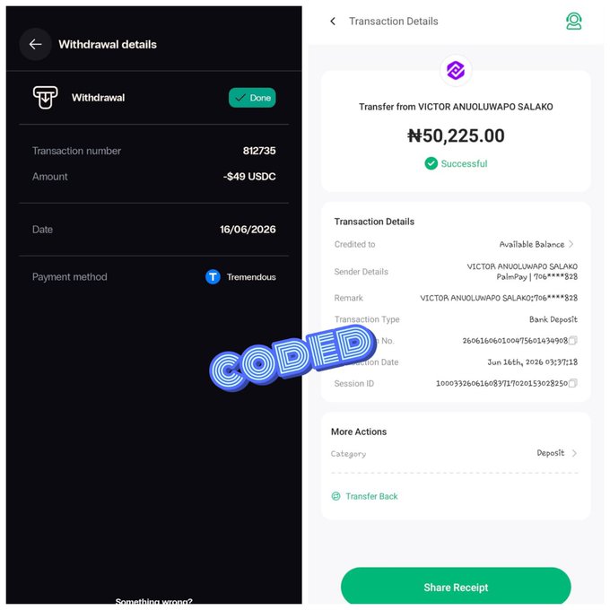 A screenshot showing transaction details, including a 'Withdrawal' of ~$49 USDC on 16/06/2026 and a successful bank transfer of ₦50,225.00 from VICTOR ANUOLUWAPO SALAKO via PalmPay, with a blue 'CODED' graphic overlaid.