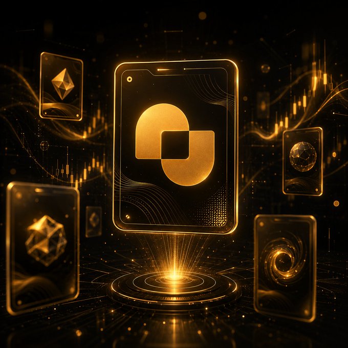 A digital artwork featuring a glowing golden logo resembling an infinity symbol on a card, surrounded by other illuminated cards with geometric designs, set against a dark background with candlestick chart patterns.