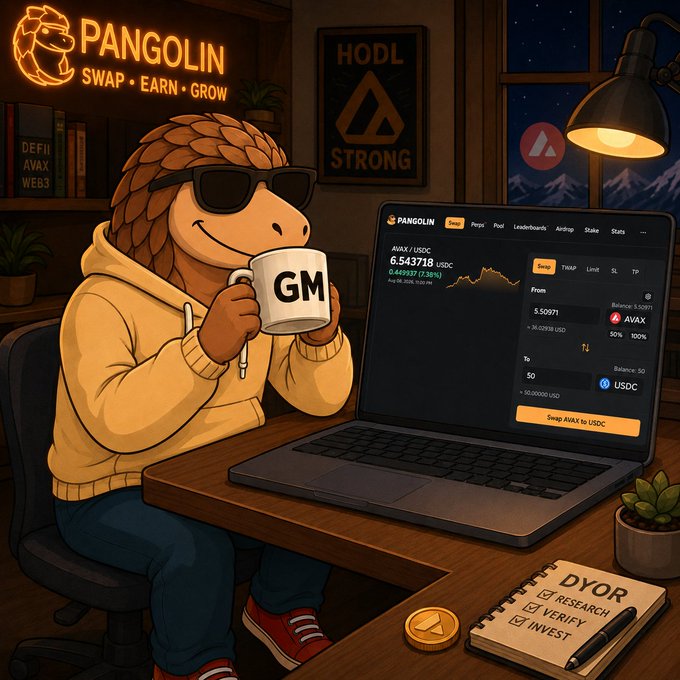 A cozy cartoon pangolin in sunglasses sips a "GM" mug while using the Pangolin Swap platform to exchange AVAX/USDC ($5.50971 to $50) on a laptop, perfectly matching the post's relaxed Sunday vibe and bullish nod to the $AVAX ticker. The "HODL STRONG" framed poster and "DYOR" checklist in the scene reinforce the stay-informed, community-spirited crypto message.