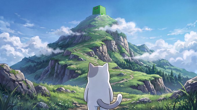 An anime-style illustration of a white cat looking out at a lush green mountain landscape under a blue sky with clouds, with a green block character sitting on top of the mountain.