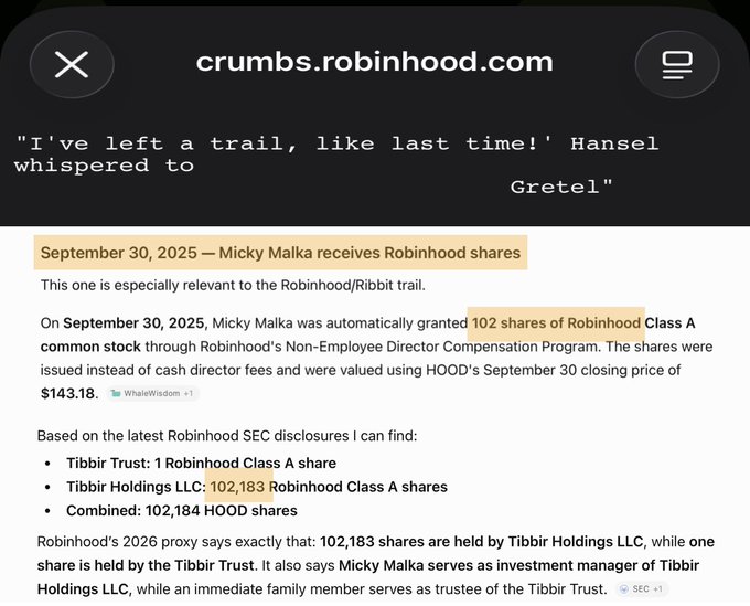 A screenshot from crumbs.robinhood.com titled "I've left a trail, like last time!" shows that on September 30, 2025, Micky Malka received 102 shares of Robinhood (HOOD) Class A common stock through the Non-Employee Director Compensation Program, valued at $143.18 per share. The post connects this to $TIBBIR, noting that Tibbir Holdings LLC holds 102,183 HOOD shares managed by Malka, while 1 share is held by the Tibbir Trust.