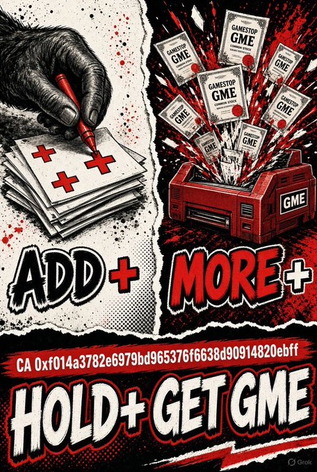 A meme-style graphic showing a hand with a red pen marking a ballot with red plus signs ('ADD +') and Gamestop GME stocks exploding from a briefcase ('MORE +'), with text 'HOLD + GET GME' and a contract address.