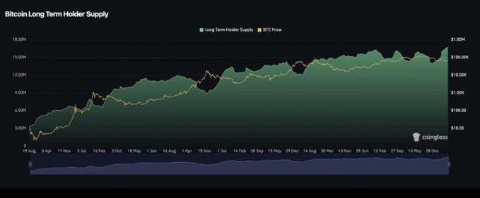 The image displays a Coinglass chart titled "Bitcoin Long Term Holder Supply" tracking BTC against long-term holder supply from August through December, showing the supply metric (green area) reaching new highs around 15M while BTC price climbed toward $100K. This visual supports the caption's claim that long-term holders are accumulating rather than selling, as the steady upward trend in holder supply—despite price volatility—illustrates the supply squeeze setup described in the post.