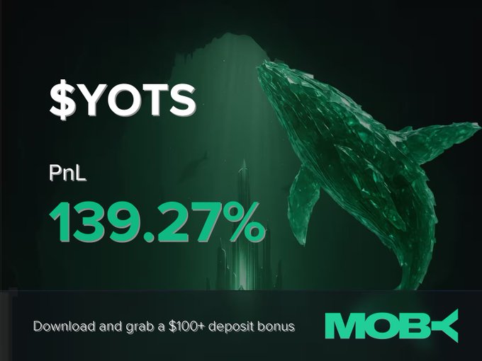 A promotional graphic for Moby showcasing a whale swimming in green-tinted ocean waters, displaying the text "$YOTS, PnL 139.27%" alongside the Moby logo and a $100+ deposit bonus offer, illustrating the app's recent win alert notification about a profitable $YOTS trade.
