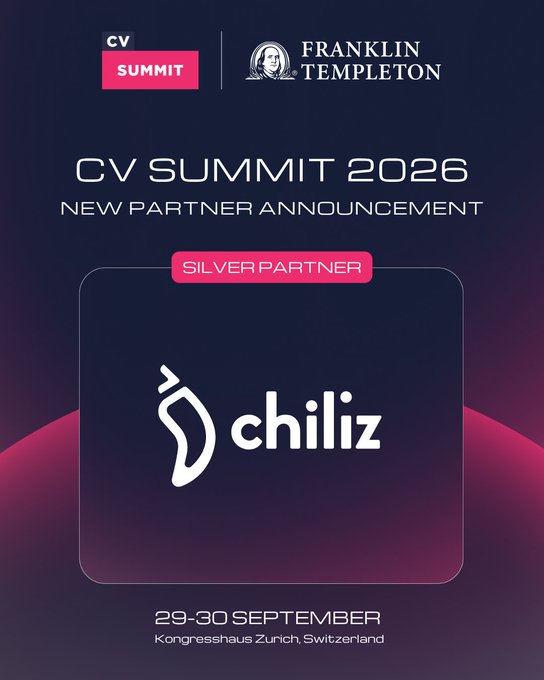 The image is a "CV Summit 2026 New Partner Announcement" graphic from Franklin Templeton, announcing Chiliz as a Silver Partner for the event taking place September 29-30 at Kongresshaus Zurich, Switzerland. The announcement complements the post by highlighting Chiliz's participation in the summit's discussion on tokenizing real-world assets, specifically sports equity.
