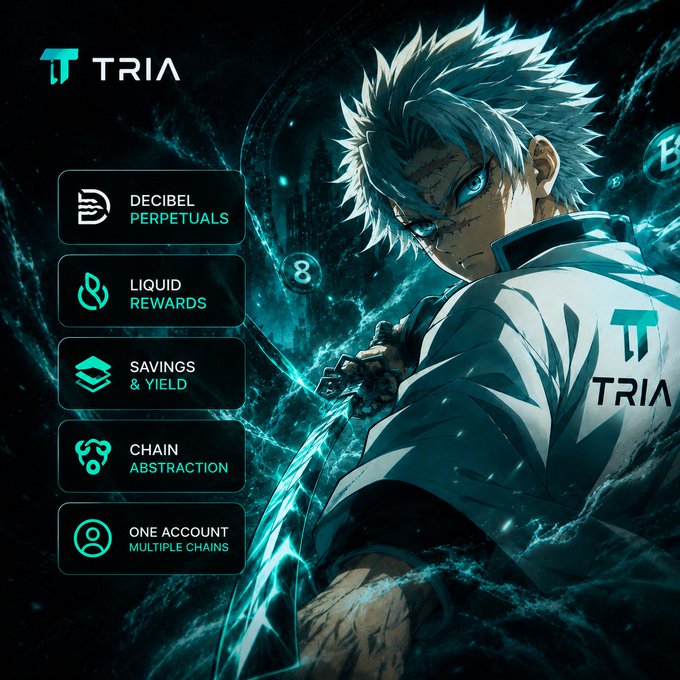 The image features a character with blue hair wearing a white shirt who appears to be a male. The background of the image is black, which contrasts with the character's blue hair. There are four bullet points below the character that provide information about the project "Tria". These bullet points include details such as the project name, the character in the image, and the focus on simplicity and speed for crypto users.