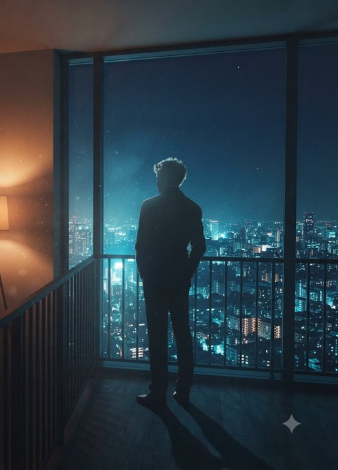A man stands silhouetted on a balcony, looking out over a glowing blue city skyline at night.