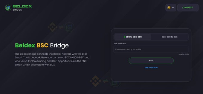 A screenshot of the Beldex BSC Bridge website interface showing options to swap BDX to BEX-BSC or BEX-BSC to BDX, with a wallet connection field and 'Next' button.