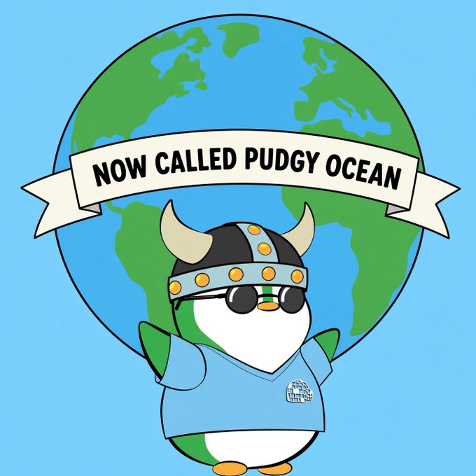 An animated penguin mascot wearing a Viking helmet, sunglasses, and a blue hoodie stands in front of a globe with a banner reading 'NOW CALLED PUDGY OCEAN.'