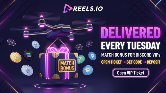 A promotional banner for REELS.IO advertising 'DELIVERED EVERY TUESDAY MATCH BONUS FOR DISCORD VIPs' with a drone carrying a gift box surrounded by cryptocurrency coins.