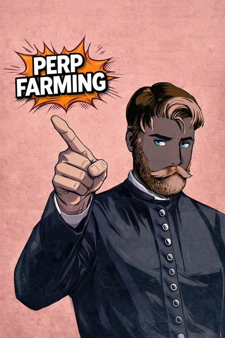 A comic-style illustration of a bearded man in a black clerical outfit pointing at the viewer, with a comic-style speech bubble reading 'PERP FARMING' in the background.