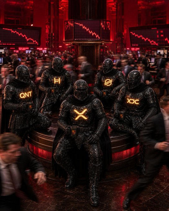 Five armored knights with glowing chests bearing cryptocurrency symbols "QNT," "H," a planetary ring logo, "XOC," and "X" sit calmly on a central pedestal amid a chaotic trading floor displaying red downward charts, mirroring the post's message about holders who remain composed during market downturns because they understand the underlying value of assets like XRP, HBAR, XLM, XDC, and QNT.