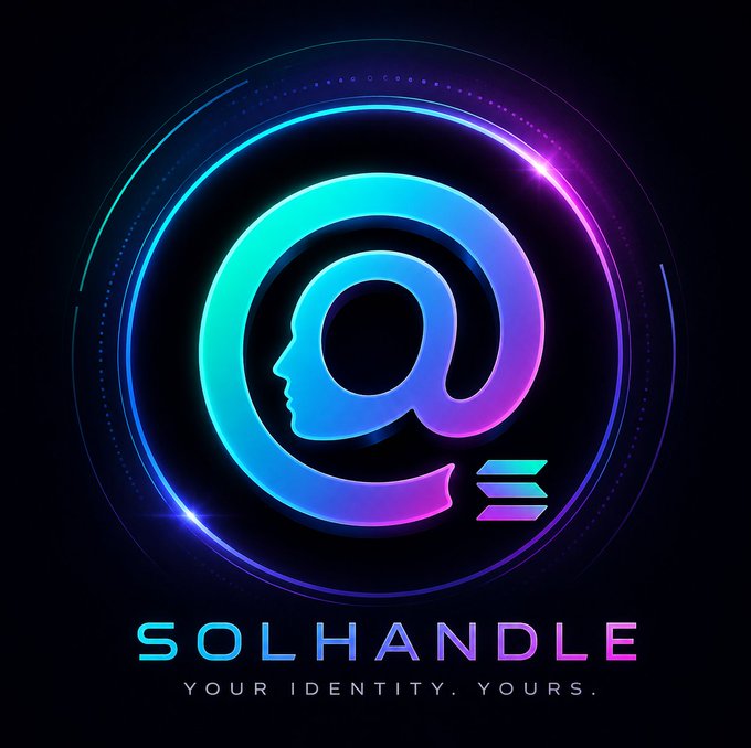 A vibrant neon logo for 'SOLHANDLE' featuring a stylized '@' symbol incorporating a human profile, with the tagline 'YOUR IDENTITY. YOURS.'
