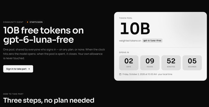 A webpage for a 'COMMUNITY EVENT' announces '10B free tokens on gpt-4-luna-free', showing a token pool of '10B' and a countdown timer to Friday, October 2, 2026.