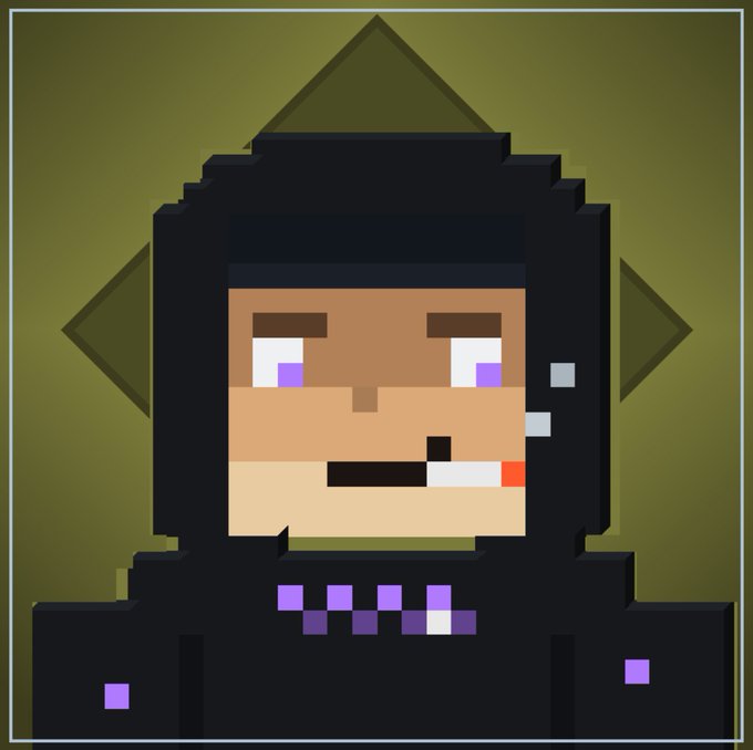 A pixel art portrait of a character with dark hair, purple eyes, and a cigarette in their mouth against an olive green background.