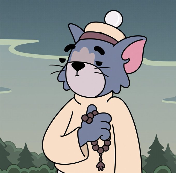 A cartoon blue cat wearing a cream-colored robe and pom-pom hat, holding prayer beads with a serene expression against a sky and treeline background.