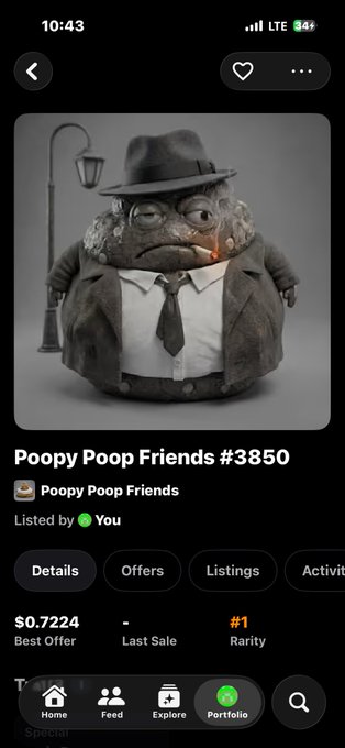 A mobile screen displays an NFT marketplace listing for 'Poopy Poop Friends #3850' with a best offer of $0.7224.
