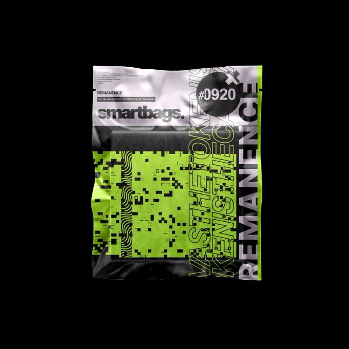 A black, white, and green foil packaging bag labeled "smartbags." with "REMANENCE" text, numbered "#0920", and stylized pixelated graphics.