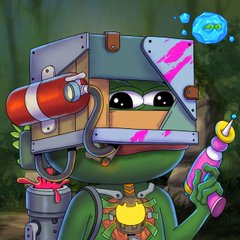 A cartoon frog character wearing a metal box-like helmet with paint splatters, holding a colorful paint gun and paint bucket.