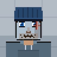 A pixel art illustration of a character with a blue hat, mismatched blue and red eyes, and a stitched smile, hanging or floating against a plain background.