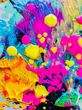 A vibrant abstract painting featuring thick, textured blobs of bright pink, yellow, blue, and green paint.