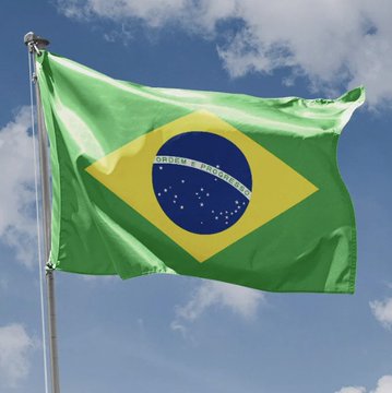 The flag of Brazil waving against a partly cloudy blue sky, displaying its green field, yellow diamond, and blue globe with the motto 'Ordem e Progresso'.