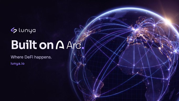A promotional banner for 'Lunya' displaying 'Built on Arc' with the tagline 'Where DeFi happens' and the URL 'lunya.io', set against an illustrated globe with glowing network connection lines.