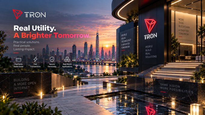 A promotional graphic for TRON featuring the text 'Real Utility. A Brighter Tomorrow.' and 'Practical solutions. Real people. Lasting impact.' over a modern cityscape at sunset, with pillars reading 'PEOPLE BUILD TECHNOLOGY FOR A BRIGHTER TOMORROW' and 'BUILDING A MORE OPEN INTERNET'.