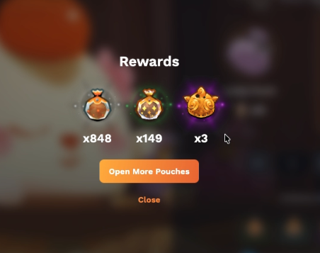 A game rewards screen displays items obtained including "x848", "x149", and "x3" pouches with an "Open More Pouches" button, likely showing the loot earned from testing an increased cap on slip rolling at the Garuda shrine.