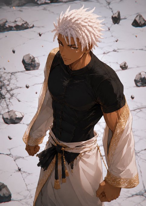 An anime-style illustration depicts a muscular young man with spiky white hair and a scar over his left eye, wearing a black fitted shirt under a flowing white and gold robe, standing against a cracked, rocky landscape.