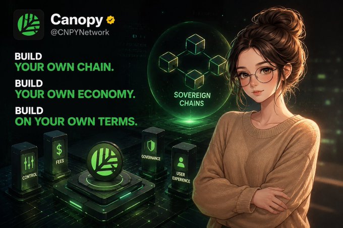 A promotional image for 'Canopy' (@CNPYNetwork) featuring a woman with glasses and a bun hairstyle standing with crossed arms, alongside text 'BUILD YOUR OWN CHAIN. BUILD YOUR OWN ECONOMY. BUILD ON YOUR OWN TERMS.' and visual elements representing 'SOVEREIGN CHAINS' with features like CONTROL, FEES, GOVERNANCE, and USER EXPERIENCE.