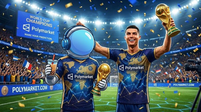 The image features two soccer players, one wearing a blue and gold uniform with an astronaut helmet, holding trophies while standing on a soccer field. The other player is also holding a trophy. In the background, there are confetti falling from above, indicating a celebratory atmosphere for the World Cup. The post suggests that Polymarket has officially partnered with Cristiano Ronaldo to host the event and predict the outcome of the World Cup in 2006.