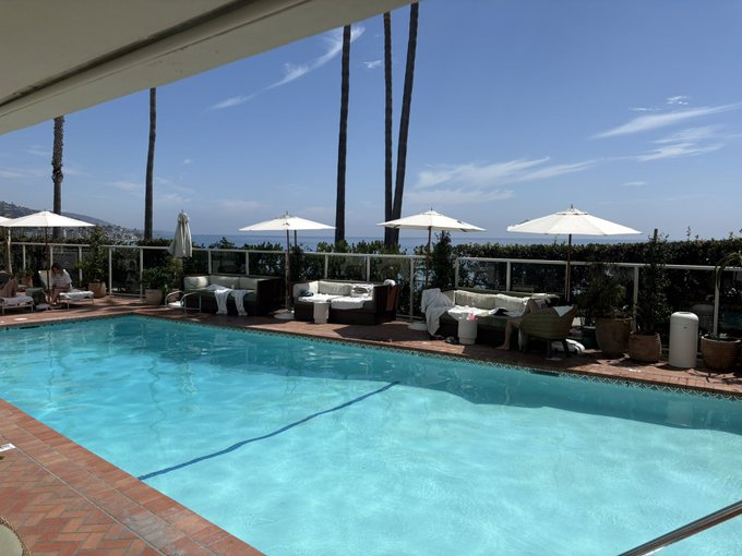 An outdoor pool deck scene features lounge chairs, white umbrellas, and tall palm trees overlooking the ocean under a clear blue sky.