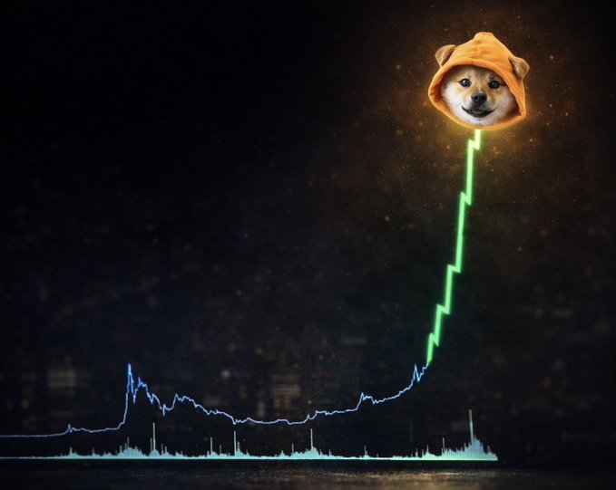 A meme-style image showing a Shiba Inu dog wearing an orange hoodie floating above a green line graph that spikes upward against a dark cityscape background.