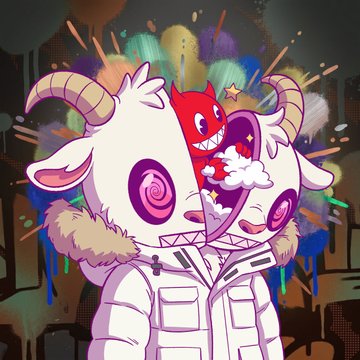 A colorful cartoon illustration of a chaotic character with multiple horns, swirling eyes, and a red creature emerging from its head, wearing a puffy white jacket against a paint-splattered background.