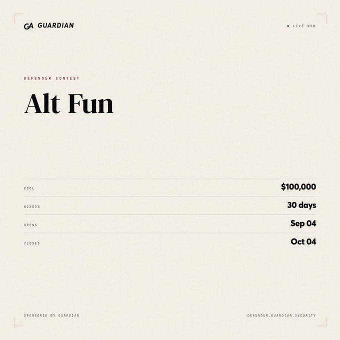 A minimalist beige graphic for a 'GUARDIAN' Defender Contest named 'Alt Fun', displaying event details like a $100,000 pool, 30-day window, and open/close dates of Sep 04 and Oct 04.
