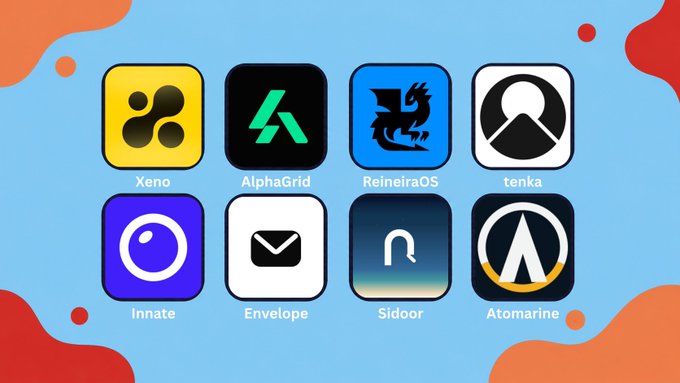 Eight colorful app icons are displayed in a grid with labels: Xeno, AlphaGrid, ReineiraOS, tenka, Innate, Envelope, Sidoor, and Atomarine.