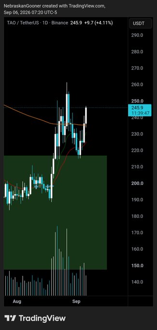 The image displays a daily TAO/USDT chart on TradingView showing price action at $245.9 with a 4.11% gain, featuring a candlestick pattern that has recovered above the 99 SMA (orange line) following a retest of the highlighted green support zone, aligning with the post's analysis of bullish follow-through.