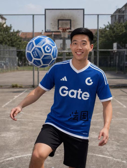 The image features a young man wearing a blue soccer jersey with white stripes, standing on a basketball court while holding a soccer ball above his head. The scene suggests that he might be preparing for or just finished playing soccer.